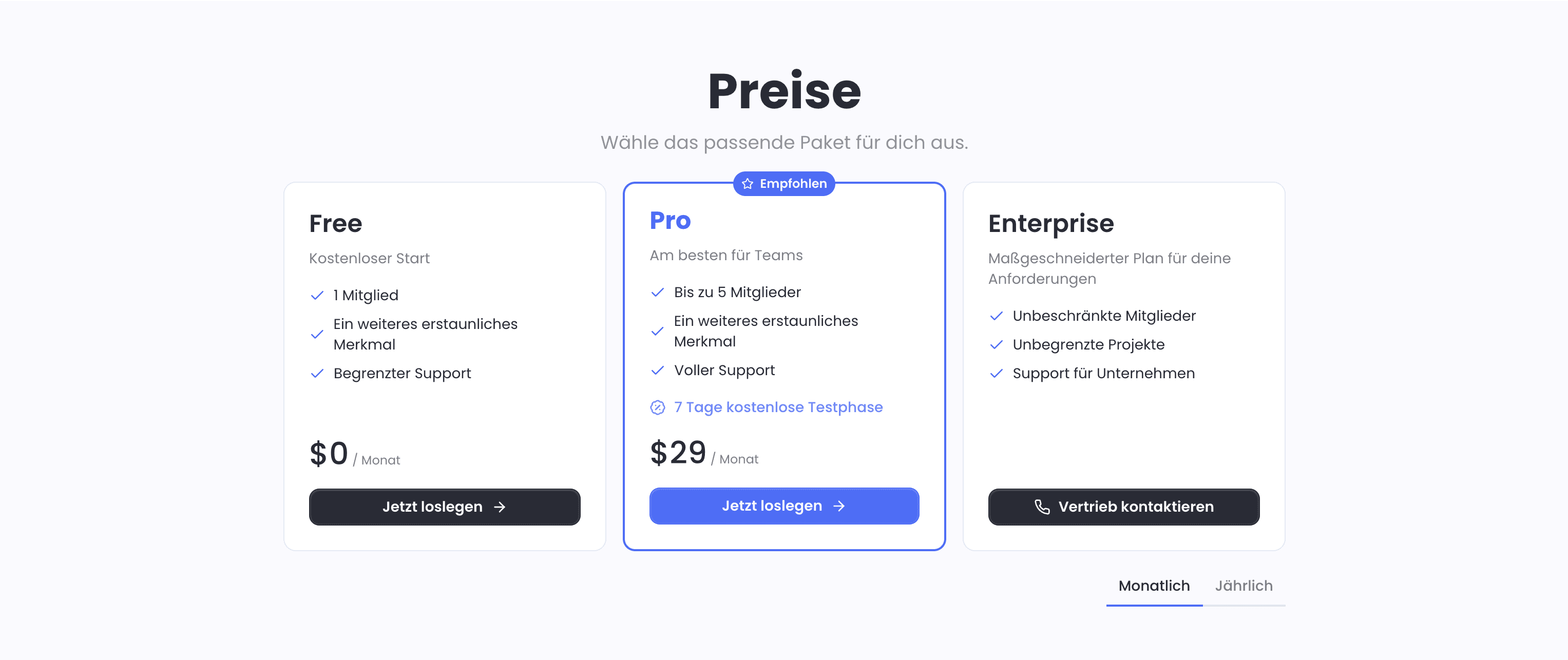 Pricing table